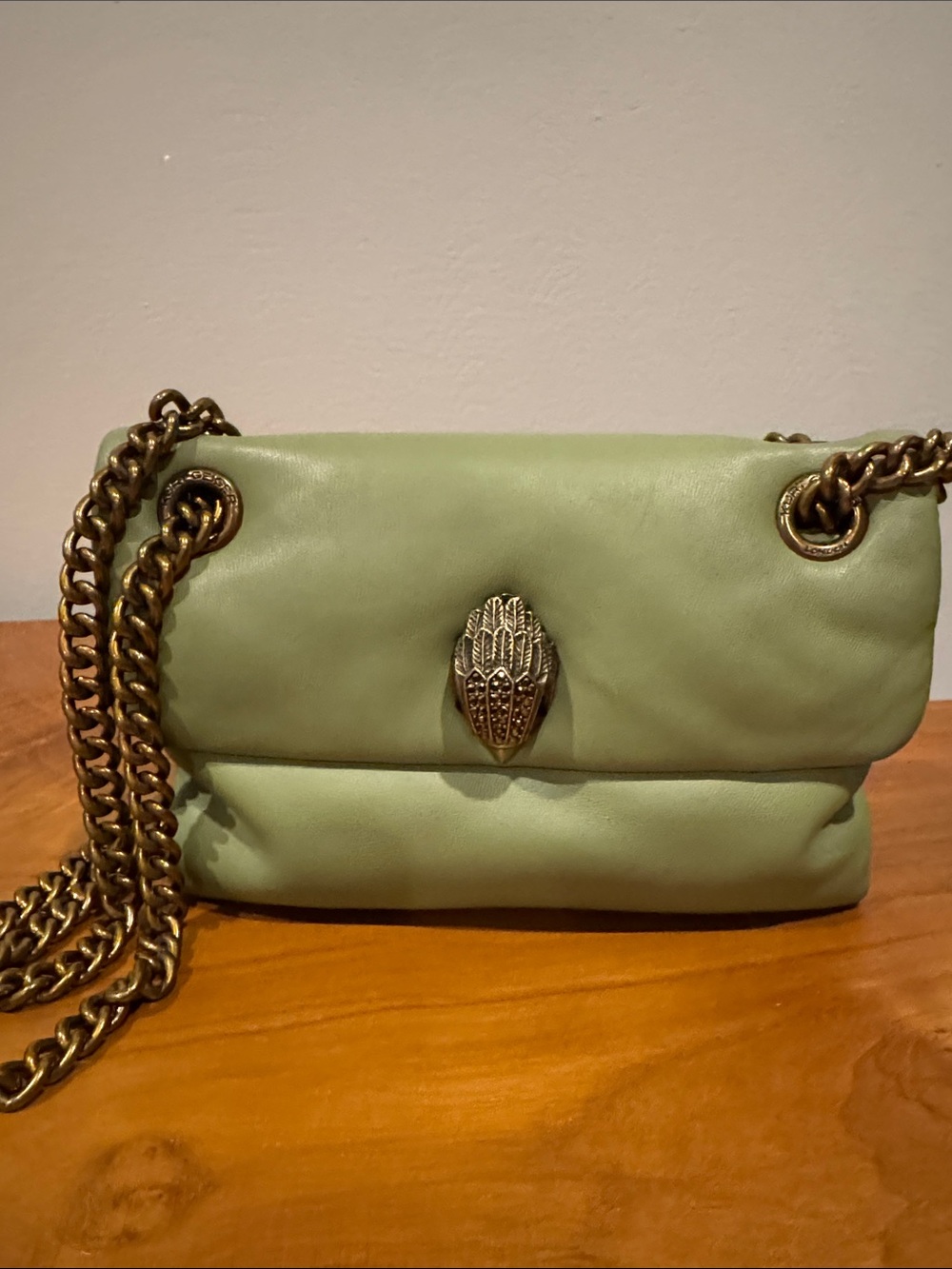 Kurt Geiger Mini THE KEW Mint Green Leather Shoulder Bag with Gold Chain